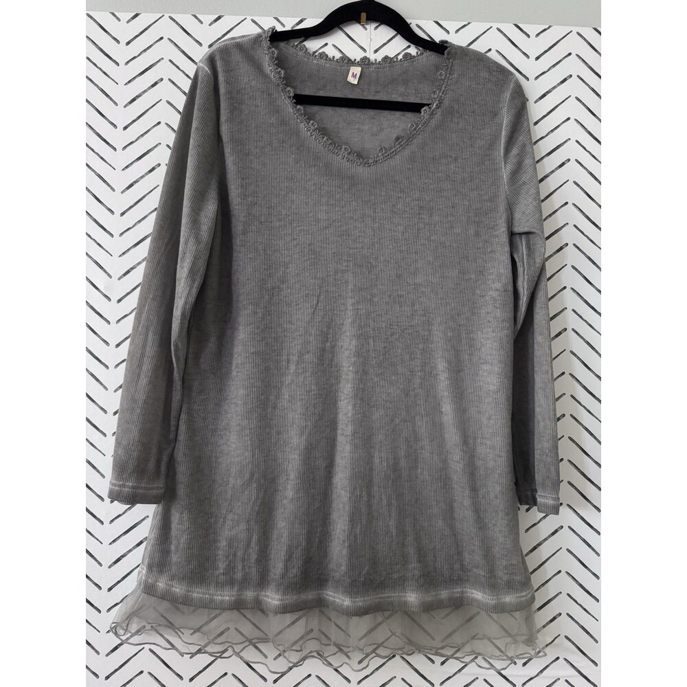 Pretty Angel Women's Gray Silk Blend Tunic with Lace Chiffon Detail‎ Y2K Size M